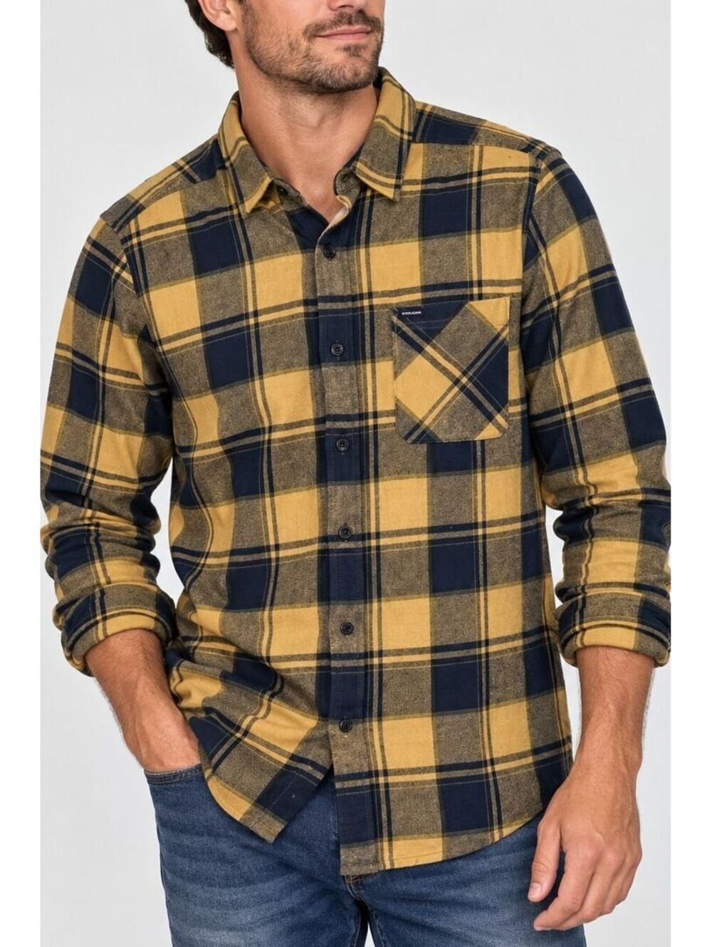 Volcom Flannel Shirt Mens Medium Mustard Navy Plaid Cotton Skatewear